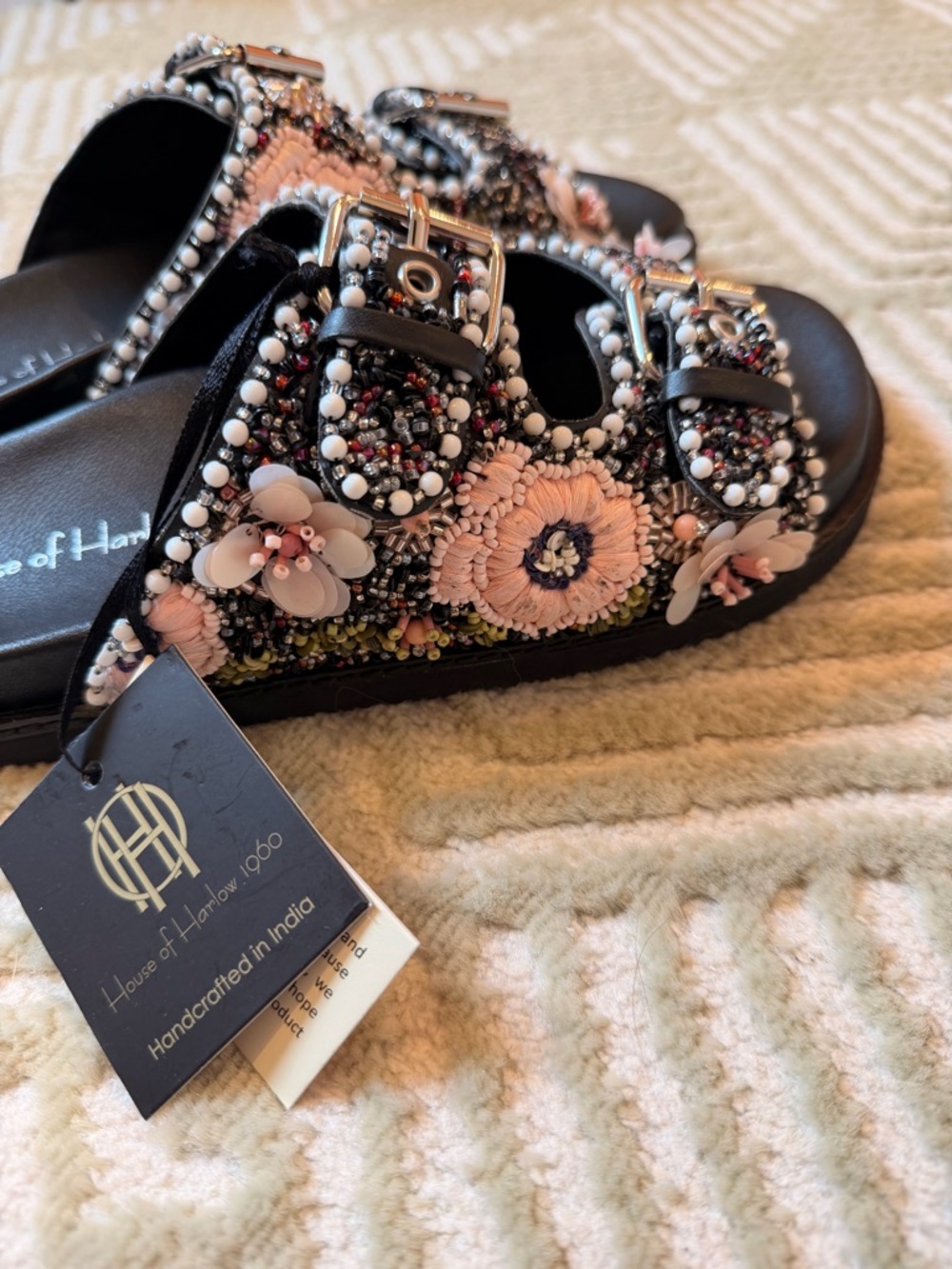 NEW House of Harlow 1960 Pink & Black Beaded Double-Buckle Slide Sandals - Picture 4 of 10